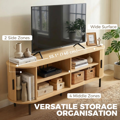 TV Stand for TVs up to 60", Modern Entertainment Center with Curved Sliding Doors, Natural Wood