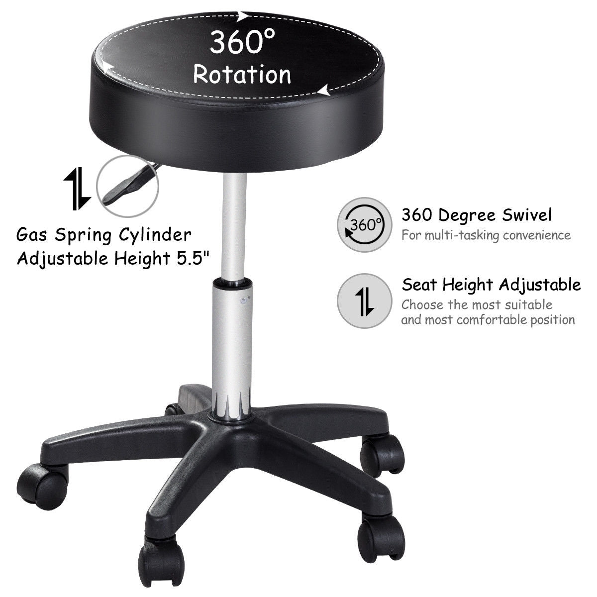 Adjustable Round Leather Swivel Bar Stool, Black