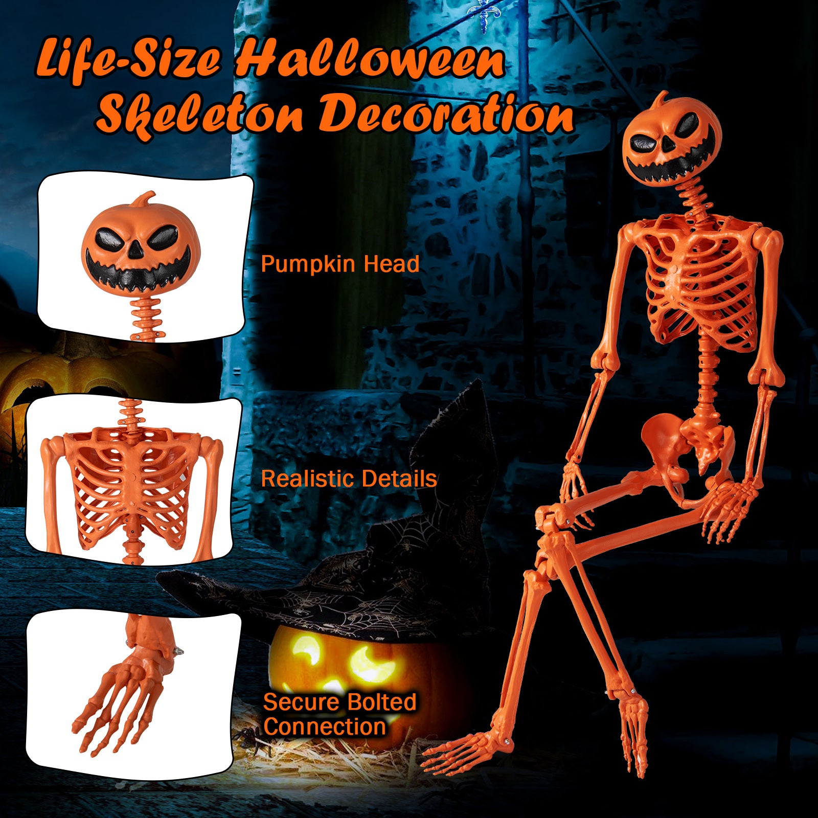 5.2 FT Halloween Skeleton, Pumpkin Head, Movable Joints, Orange Halloween at Gallery Canada