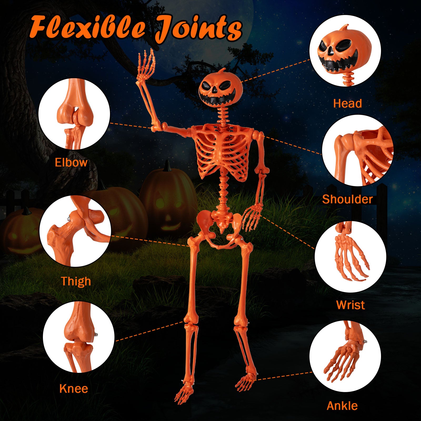 5.2 FT Halloween Skeleton, Pumpkin Head, Movable Joints, Orange Halloween at Gallery Canada