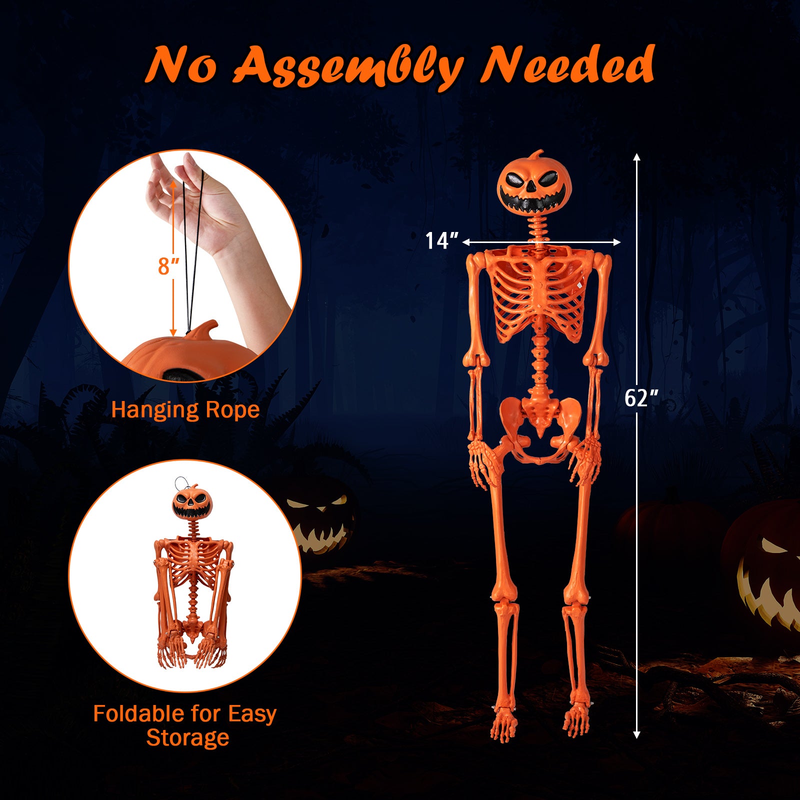 5.2 FT Halloween Skeleton, Pumpkin Head, Movable Joints, Orange Halloween at Gallery Canada