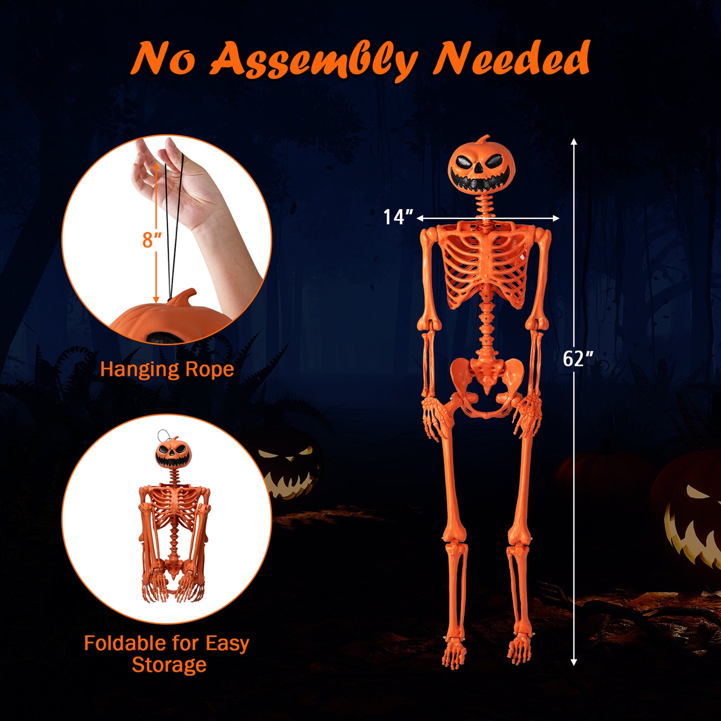 5.2 FT Halloween Skeleton, Pumpkin Head, Movable Joints, Orange Halloween at Gallery Canada