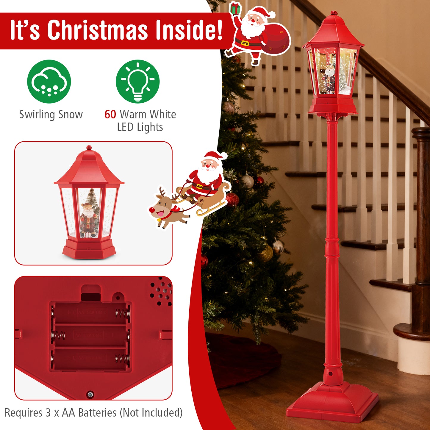 5.3 Feet Musical Christmas Street Lamp, 60 Warm White LED Lights, Red Christmas Decor & Accessories at Gallery Canada