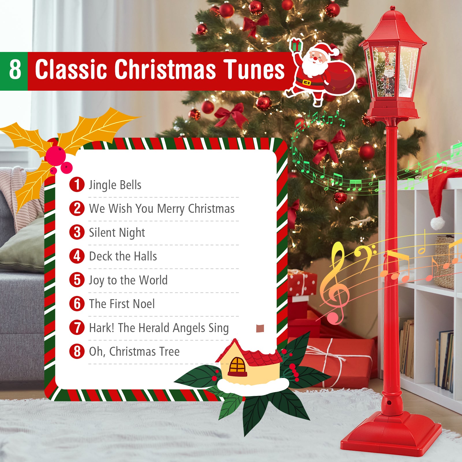 5.3 Feet Musical Christmas Street Lamp, 60 Warm White LED Lights, Red Christmas Decor & Accessories at Gallery Canada