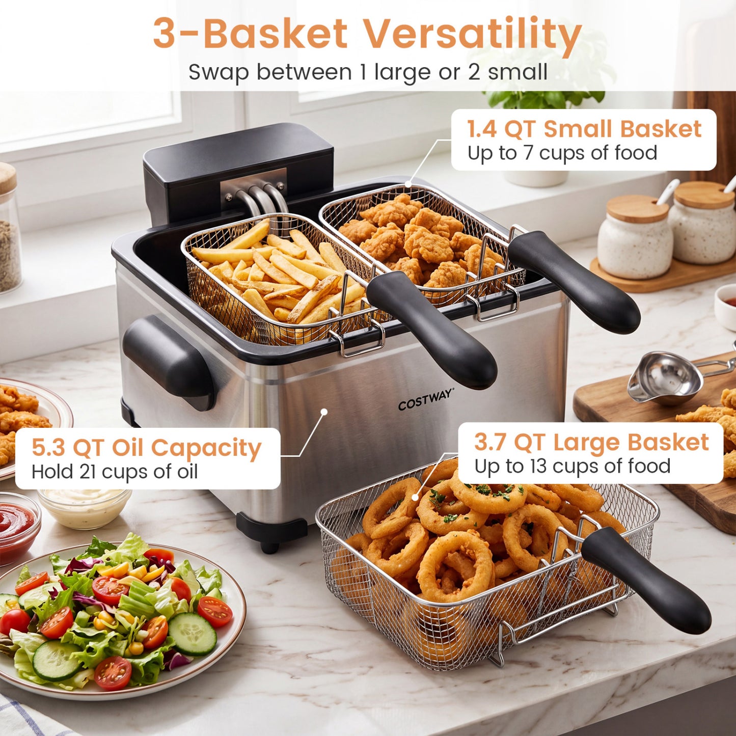 5.3-Qt Electric Deep Fryer, 1700W, 3 Baskets, LED Touch, 6 Presets, Silver Air Fryers at Gallery Canada