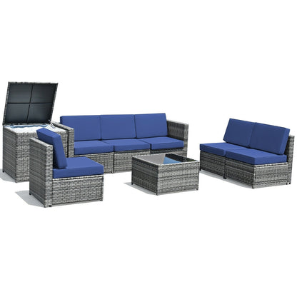 8 Piece Wicker Rattan Sofa Dining Set, With Storage Table, Navy Outdoor Sectionals at Gallery Canada