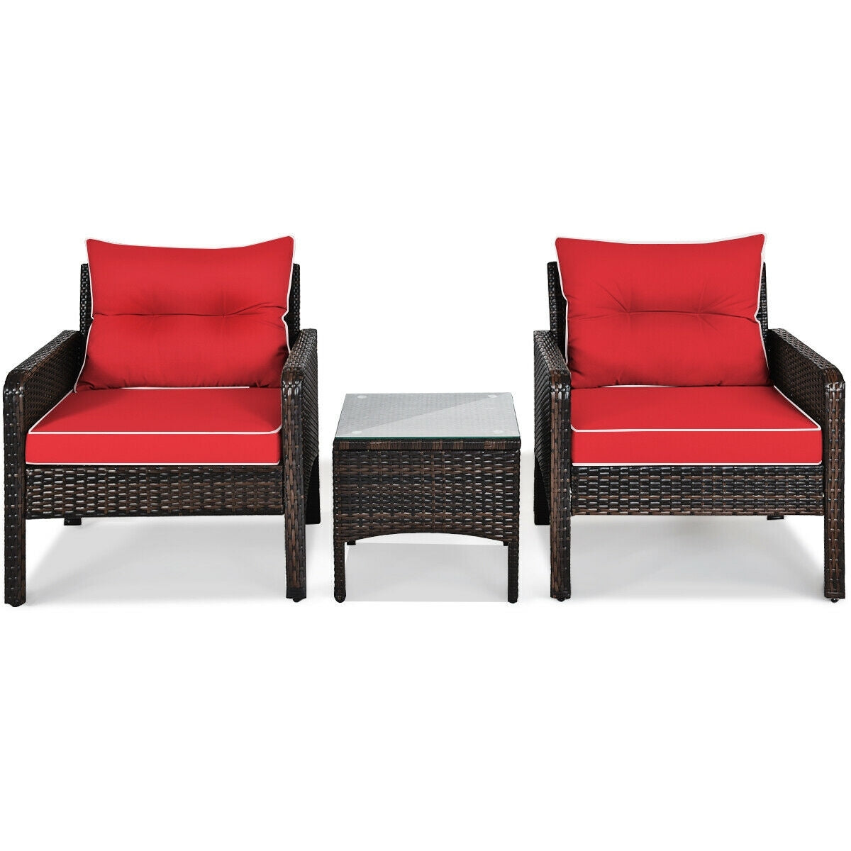 3 Pcs Outdoor Patio Rattan Conversation Set with Seat Cushions, Red Patio Conversation Sets at Gallery Canada