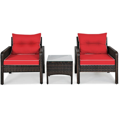 3 Pcs Outdoor Patio Rattan Conversation Set with Seat Cushions, Red Patio Conversation Sets at Gallery Canada