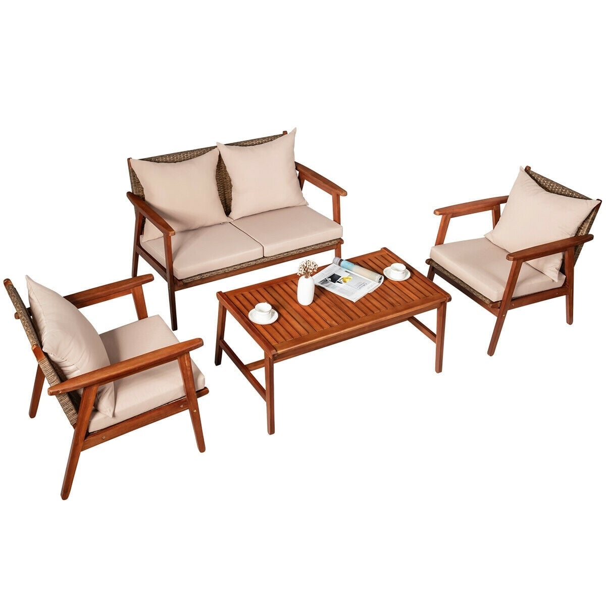 4 Piece Acacia Wood Patio Rattan Furniture Set, Brown Patio Conversation Sets at Gallery Canada
