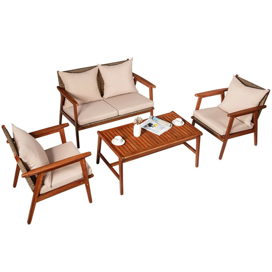 4 Piece Acacia Wood Patio Rattan Furniture Set, Brown Patio Conversation Sets Brown at Gallery Canada