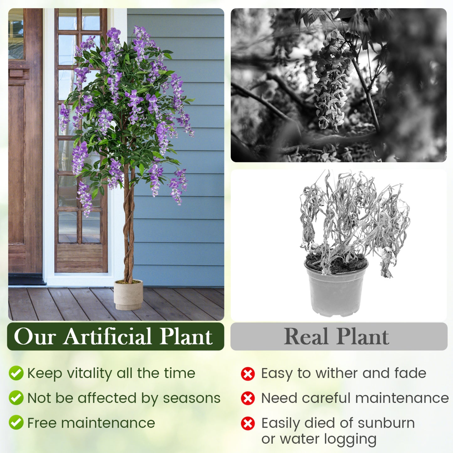 5.5 FT Faux Wisteria Plant in Nursery Pot with Blooming Flowers Set of 2, Purple Faux Plants at Gallery Canada