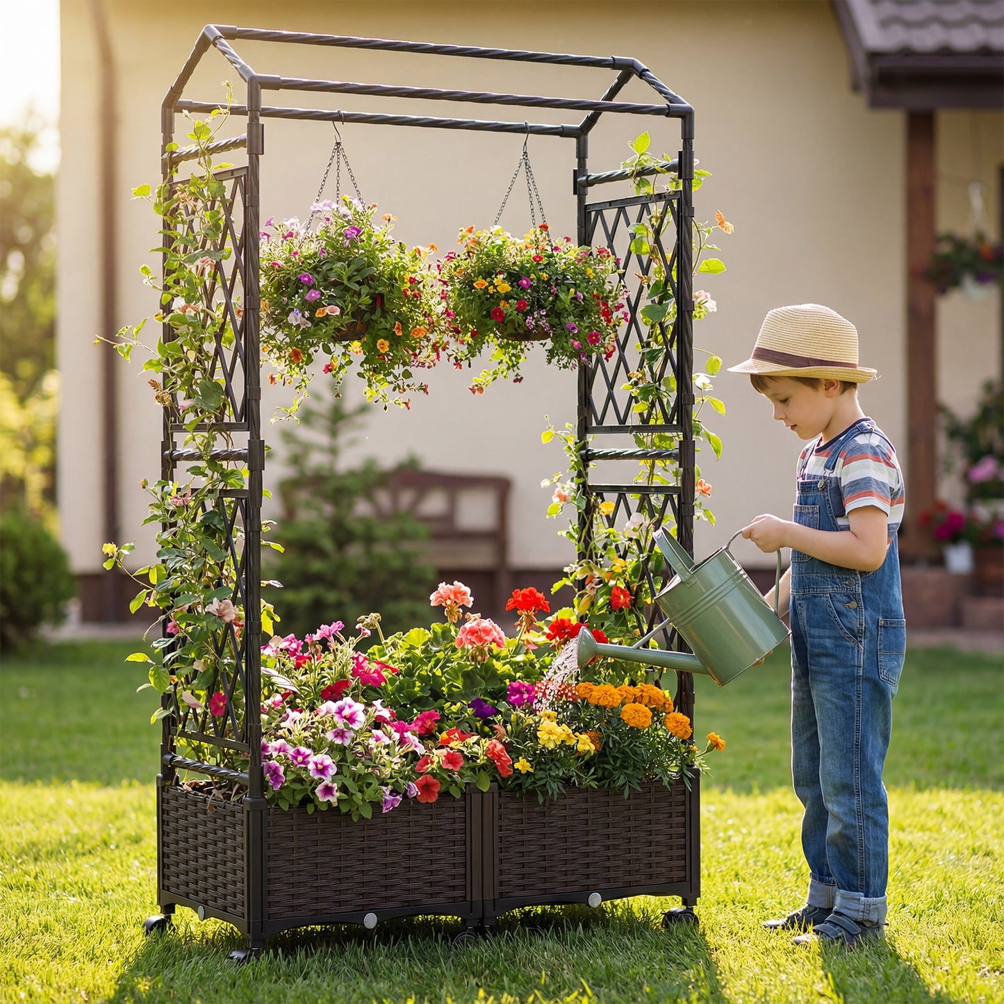5.5 FT Self-Watering Planter Box With Lattice Trellis, Brown Plant Supports at Gallery Canada