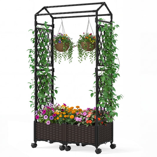 5.5 FT Self-Watering Planter Box With Lattice Trellis, Brown Plant Supports Brown at Gallery Canada