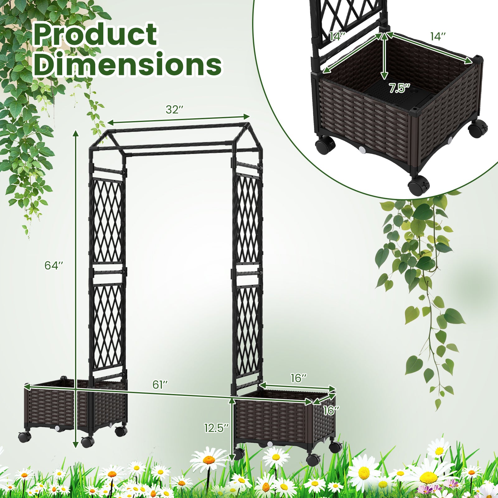 5.5 FT Self-Watering Planter Box With Lattice Trellis, Brown Plant Supports at Gallery Canada