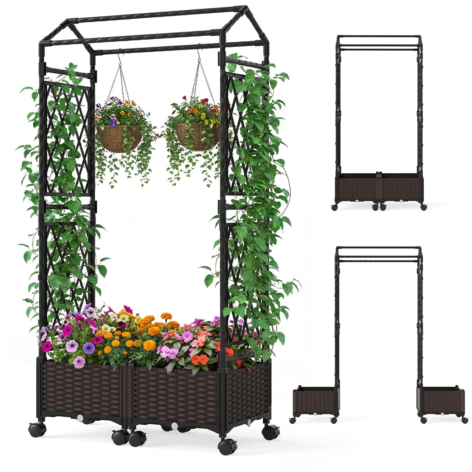 5.5 FT Self-Watering Planter Box With Lattice Trellis, Brown Plant Supports at Gallery Canada