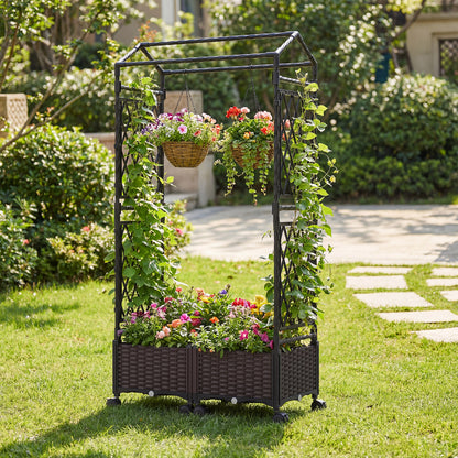 5.5 FT Self-Watering Planter Box With Lattice Trellis, Brown Plant Supports at Gallery Canada