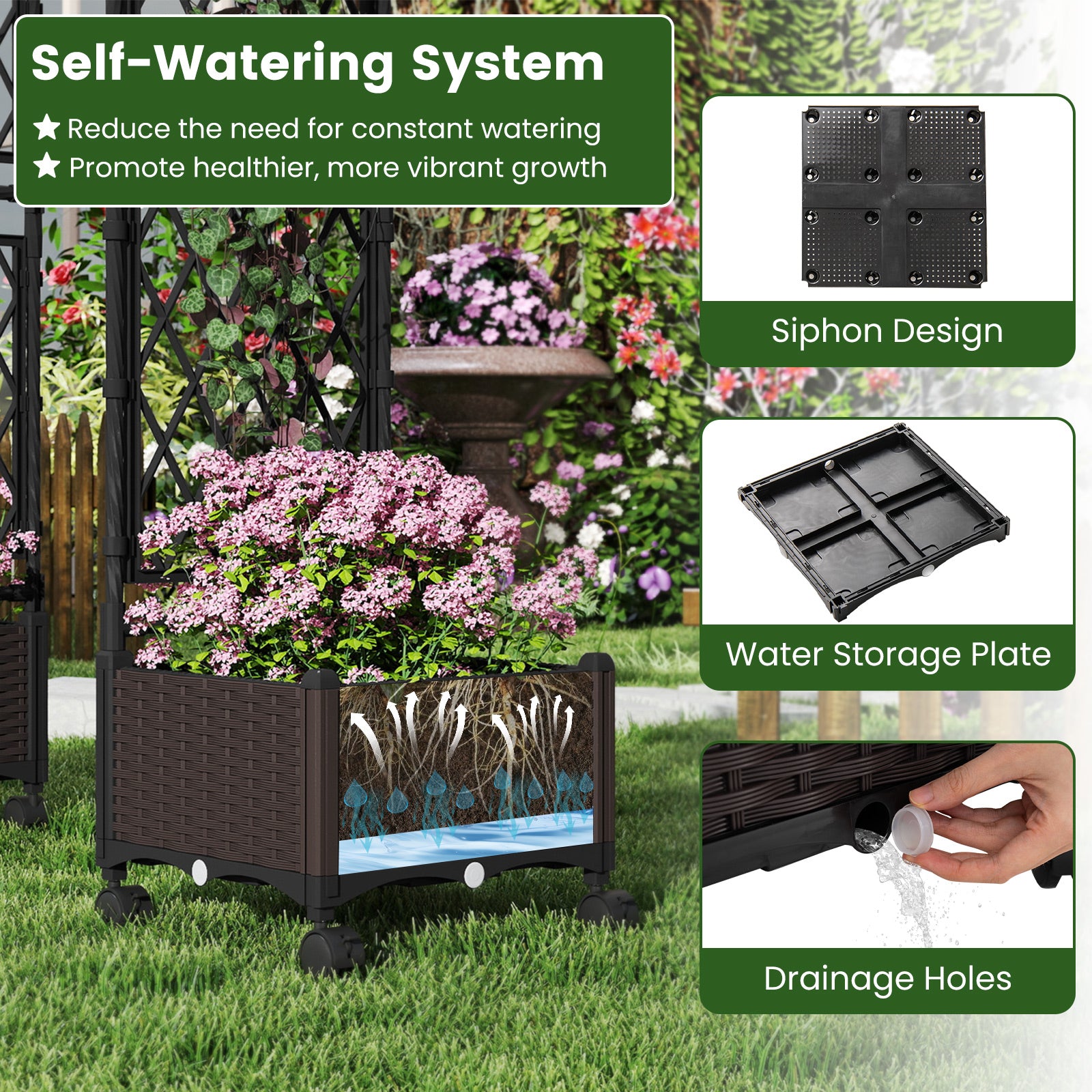 5.5 FT Self-Watering Planter Box With Lattice Trellis, Brown Plant Supports at Gallery Canada