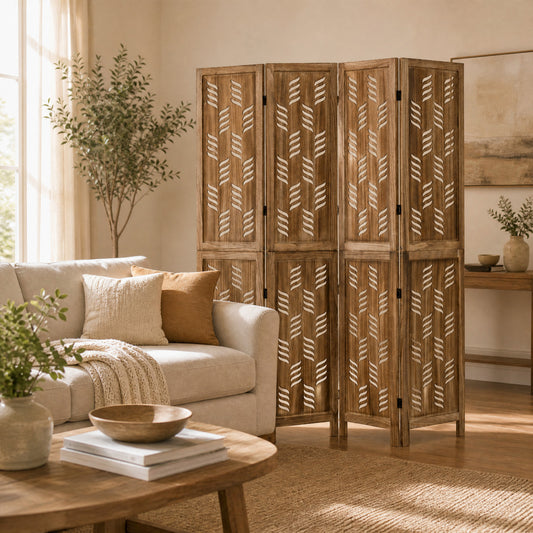5.5 FT Room Divider 4 Panels, Wave Cutout, Brown Room Dividers Brown at Gallery Canada