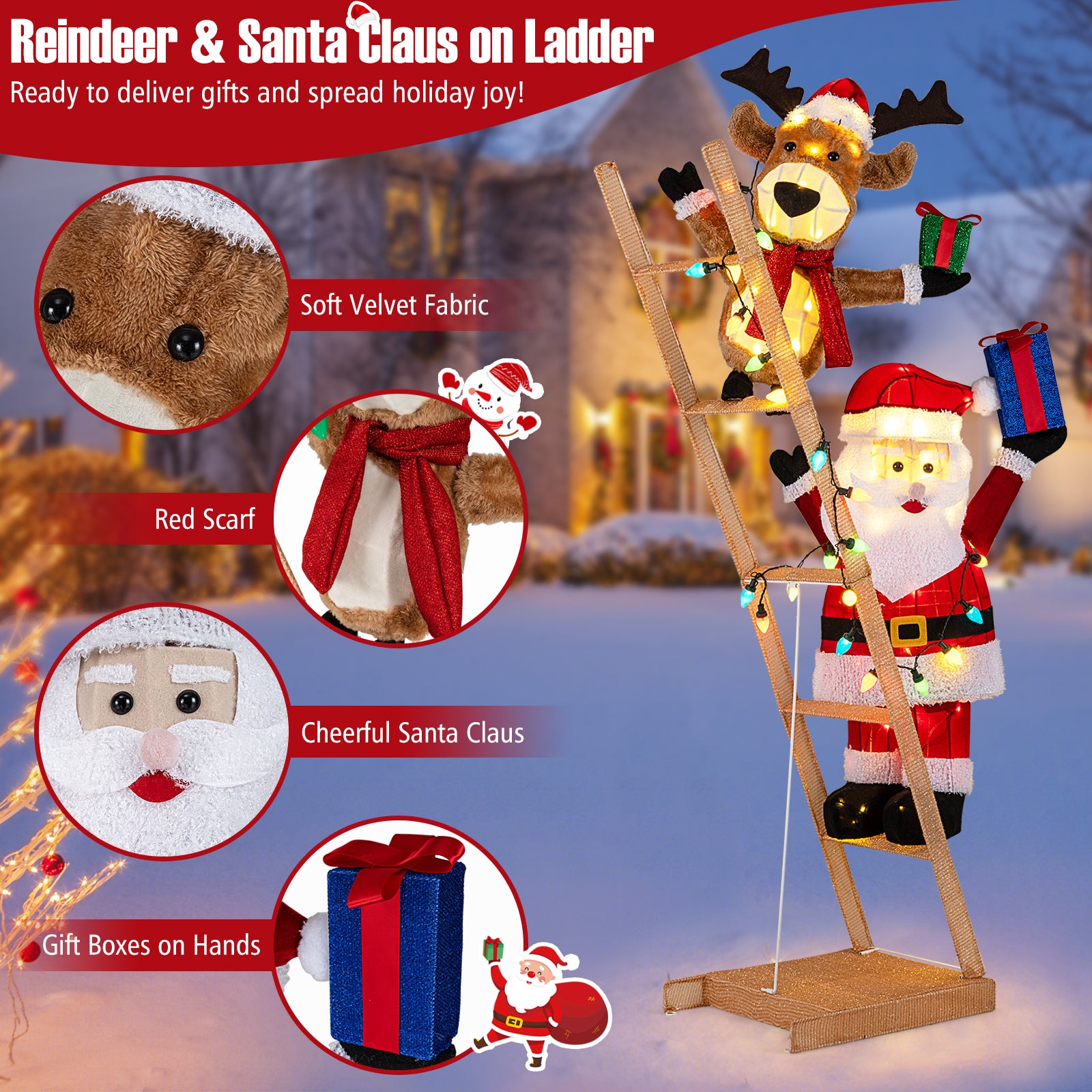 5.5 Feet Christmas Reindeer, Santa On Ladder, 100 LED Lights, Multicolor Christmas Decor & Accessories at Gallery Canada