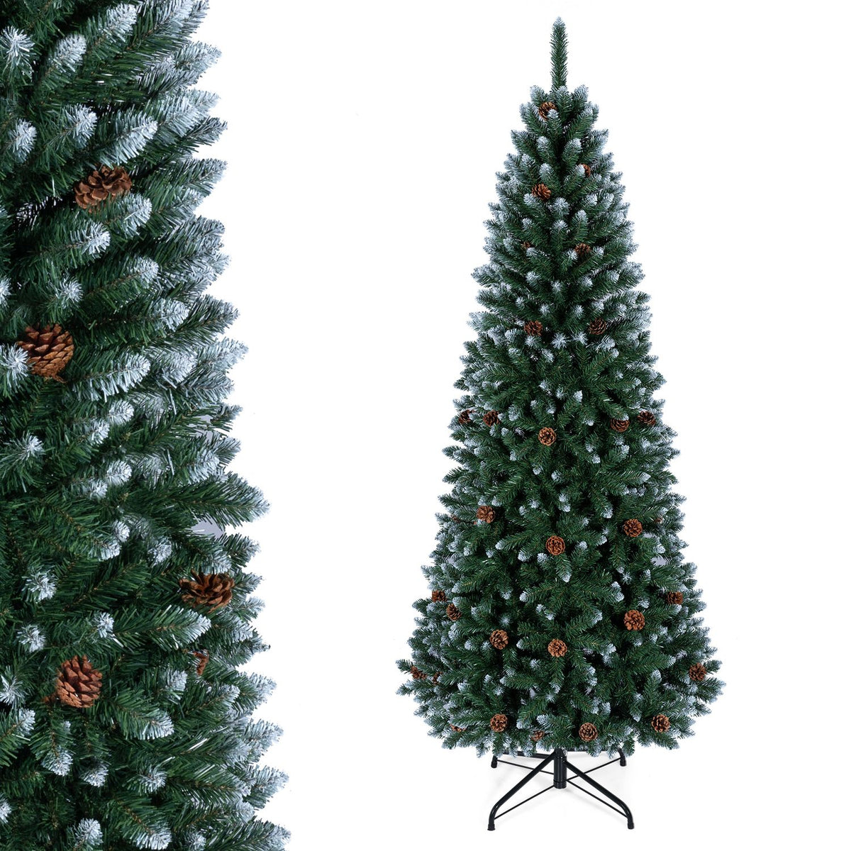 Sapin de Noël artificiel en forme de crayon de 7 pieds, pommes de pin, vert