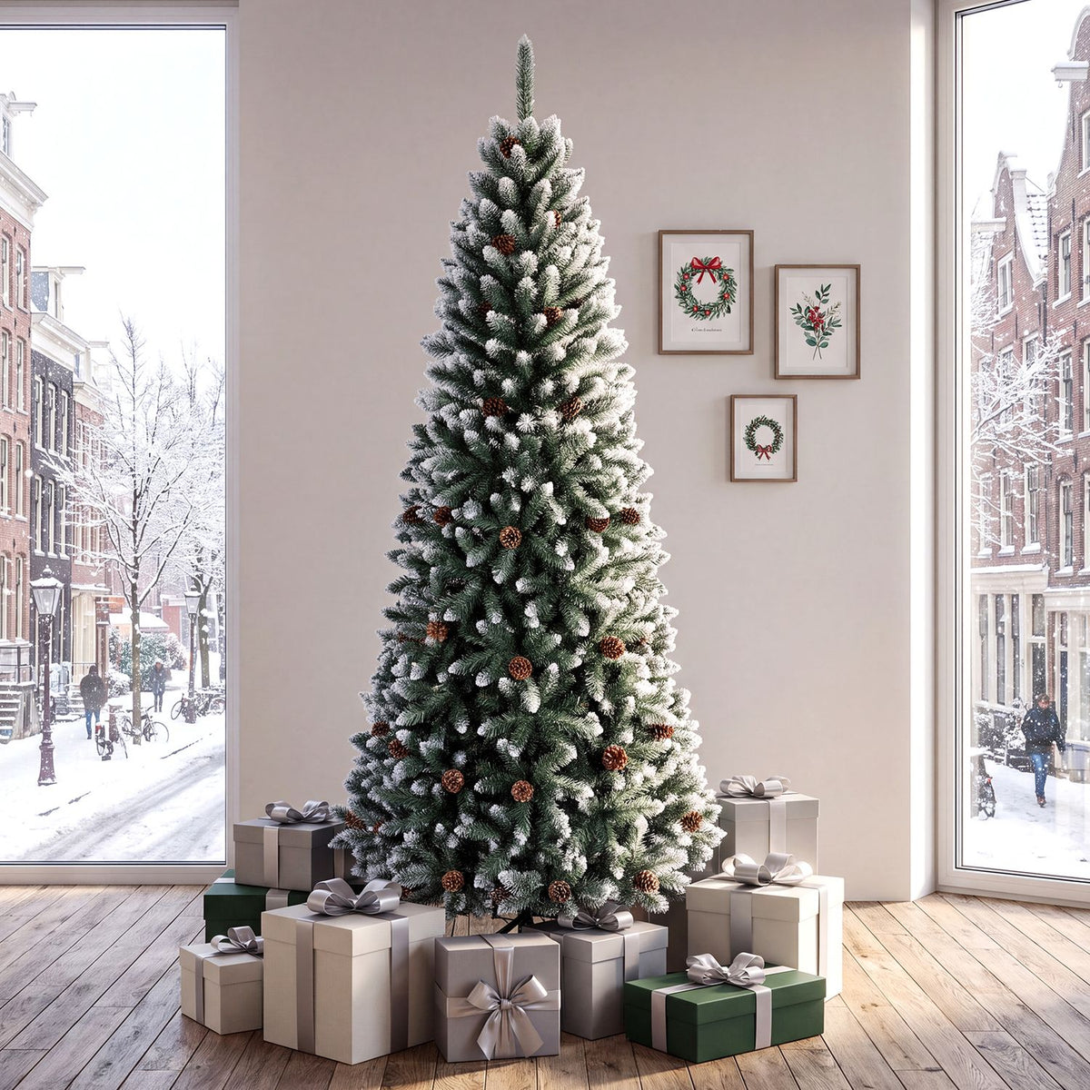 Sapin de Noël artificiel en forme de crayon de 7 pieds, pommes de pin, vert