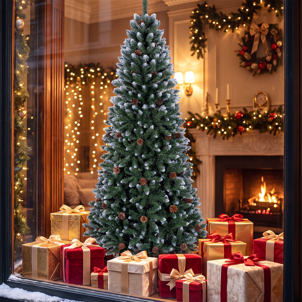 Sapin de Noël artificiel en forme de crayon de 7 pieds, pommes de pin, vert