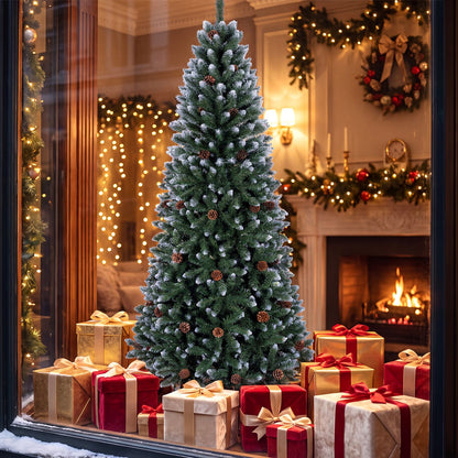 Sapin de Noël artificiel en forme de crayon de 7 pieds, pommes de pin, vert