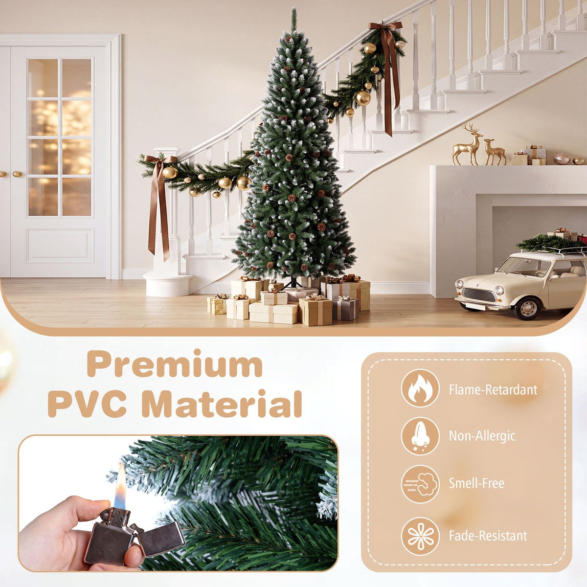 Sapin de Noël artificiel en forme de crayon de 7 pieds, pommes de pin, vert
