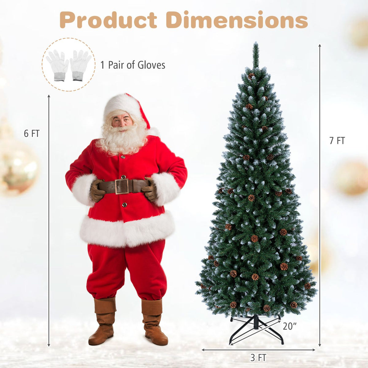 Sapin de Noël artificiel en forme de crayon de 7 pieds, pommes de pin, vert