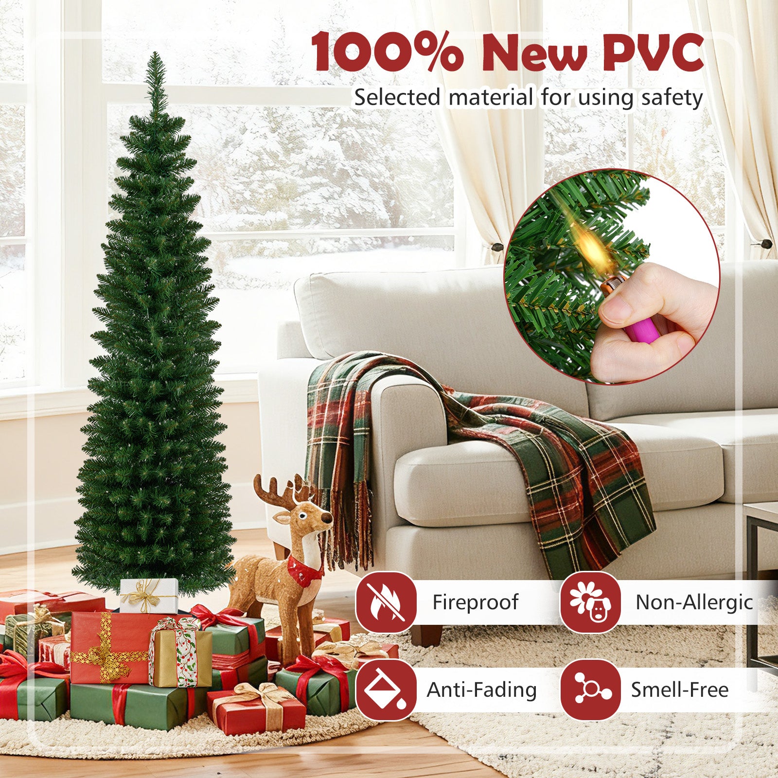 5 Ft Pre-Lit Pencil Artificial Christmas Tree, 150 Warm White LED Lights, Green Christmas Tree at Gallery Canada