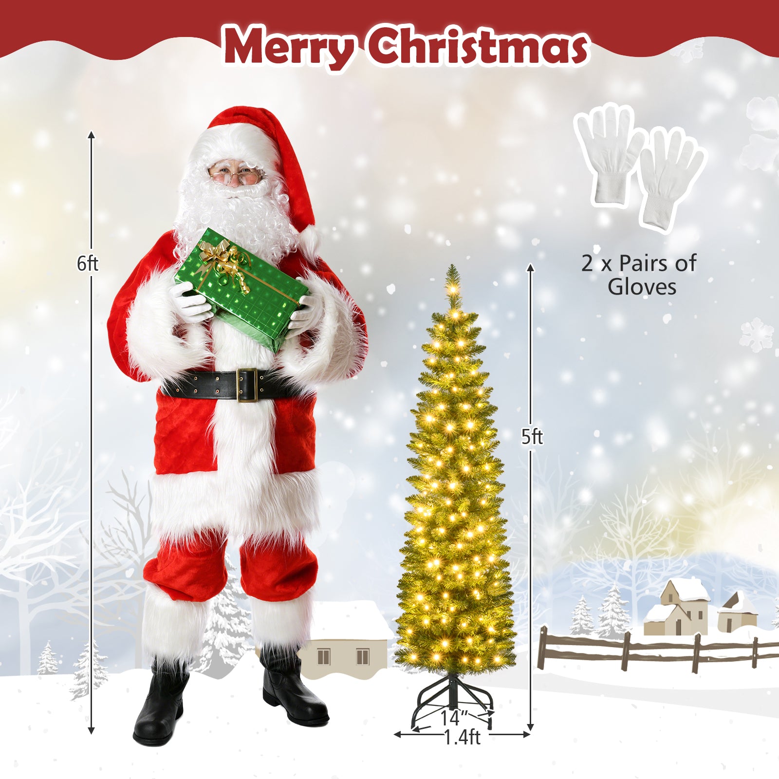5 Ft Pre-Lit Pencil Artificial Christmas Tree, 150 Warm White LED Lights, Green Christmas Tree at Gallery Canada