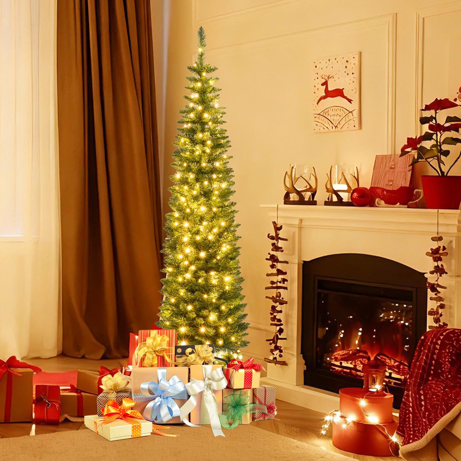 Pre-Lit Pencil Artificial Christmas Tree, 6 ft, Warm White LED Lights, Green Christmas Tree at Gallery Canada