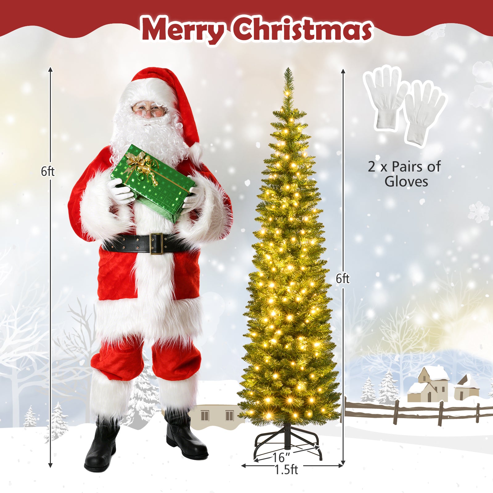 Pre-Lit Pencil Artificial Christmas Tree, 6 ft, Warm White LED Lights, Green Christmas Tree at Gallery Canada