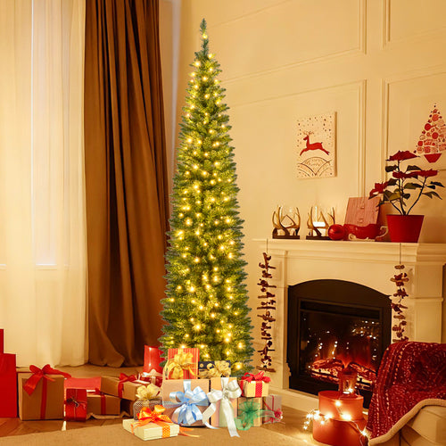 Pre-Lit Pencil Artificial Christmas Tree, 7 ft, 300 Warm White LED Lights, Green