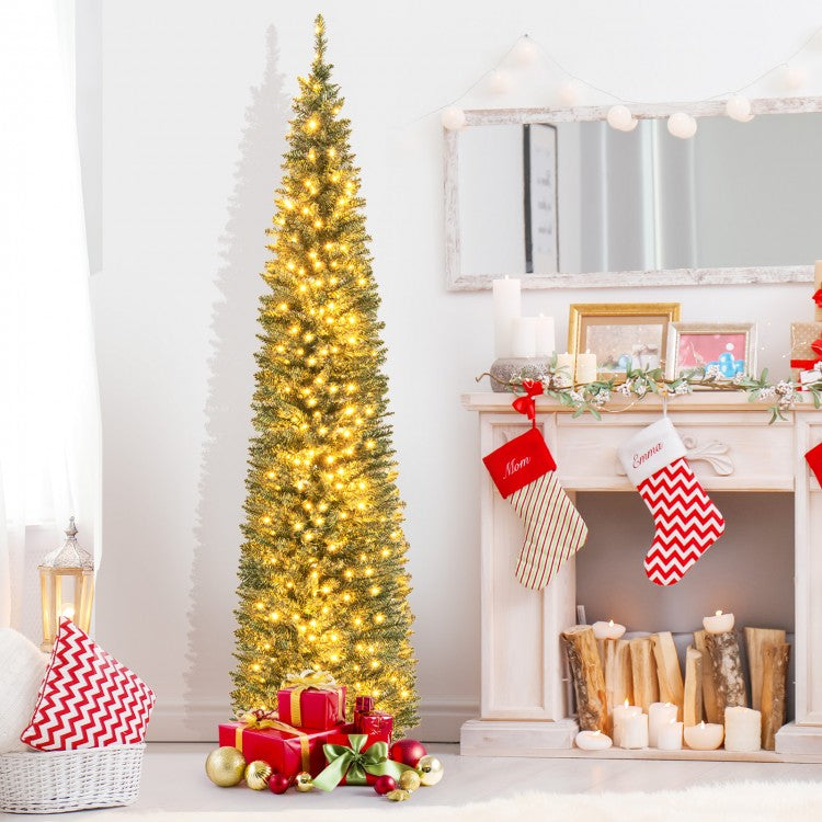 Pre-Lit Pencil Artificial Christmas Tree, 8 Ft, Warm White LED Lights, Green Christmas Tree at Gallery Canada