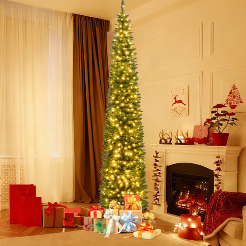 Pre-Lit Pencil Artificial Christmas Tree, 9 ft, 400 Warm White LED Lights, Green