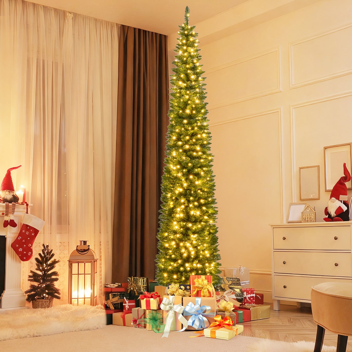 Pre-Lit Pencil Artificial Christmas Tree, 9 ft, 400 Warm White LED Lights, Green Christmas Tree at Gallery Canada