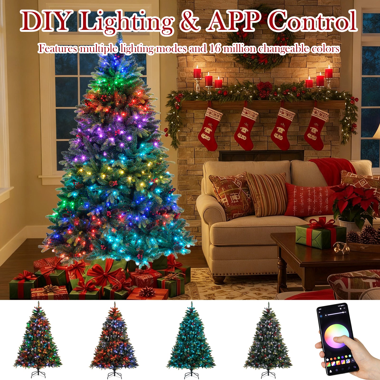 5/6/7/8 FT Artificial Christmas Tree with LED Lights and Remote APP Control-6 ft, Green Christmas Tree at Gallery Canada