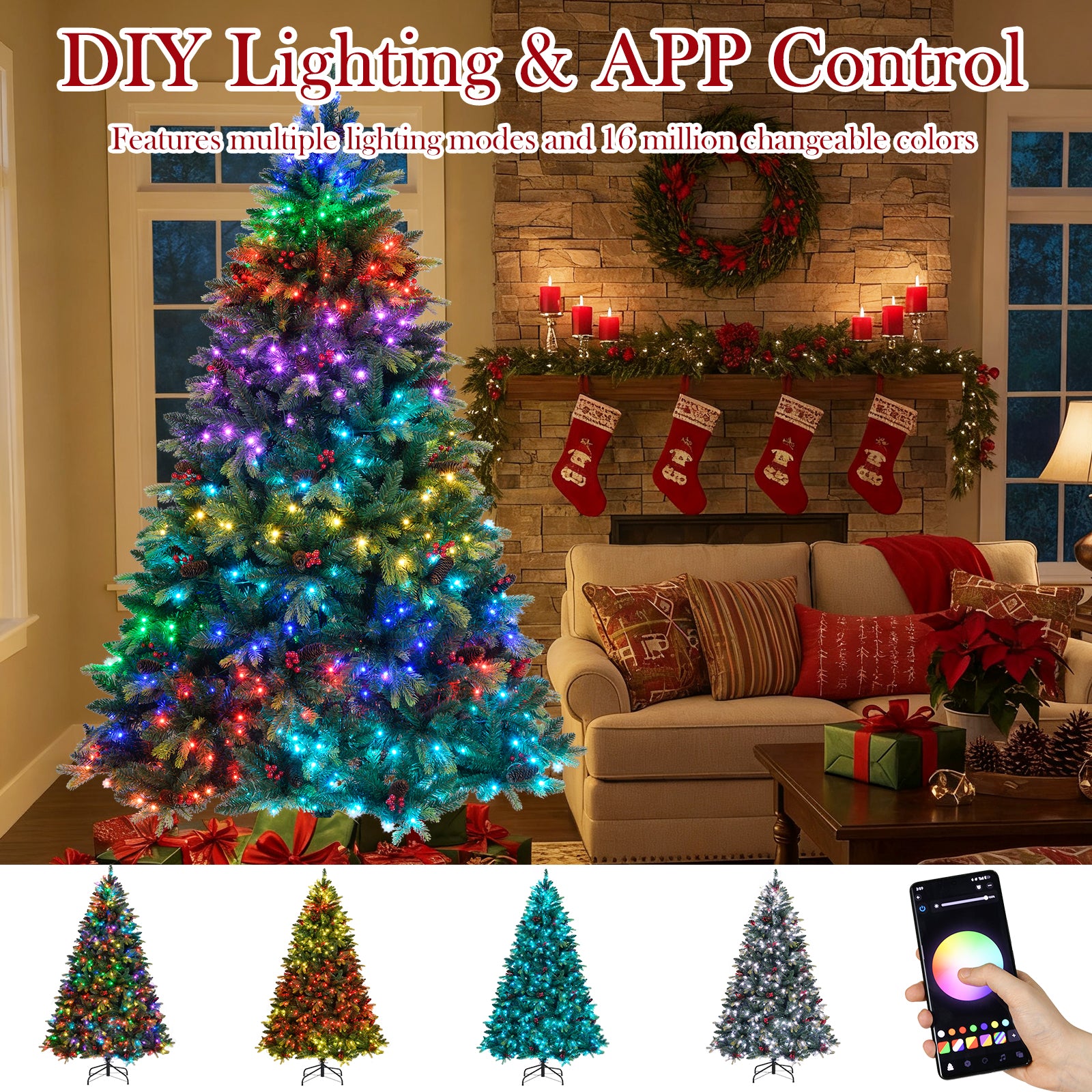 5/6/7/8 FT Artificial Christmas Tree with LED Lights and Remote APP Control-7 ft, Green Christmas Tree at Gallery Canada