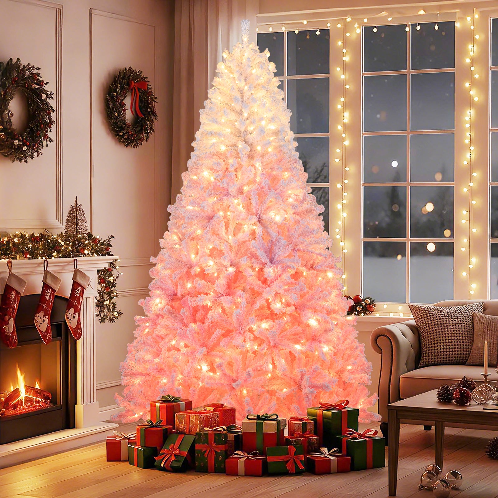 8 Feet Artificial Christmas Tree With Warm White LED Lights, Pink Christmas Tree at Gallery Canada