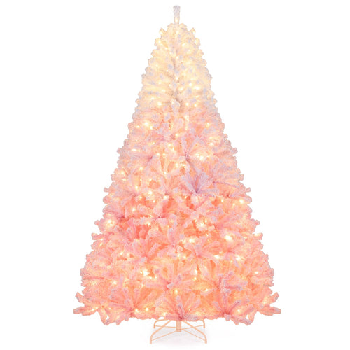 8 Feet Artificial Christmas Tree With Warm White LED Lights, Pink