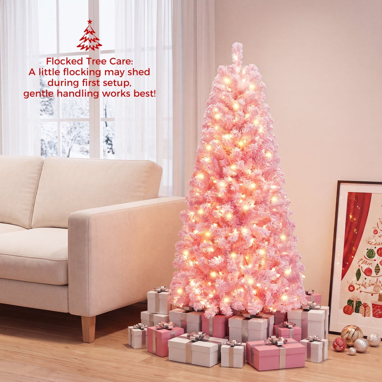 Flocked Fir Christmas Tree with Warm White LED Lights, 5ft, Pink