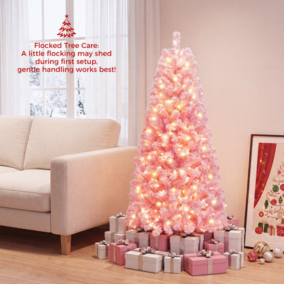 Flocked Fir Christmas Tree with Warm White LED Lights, 5ft, Pink