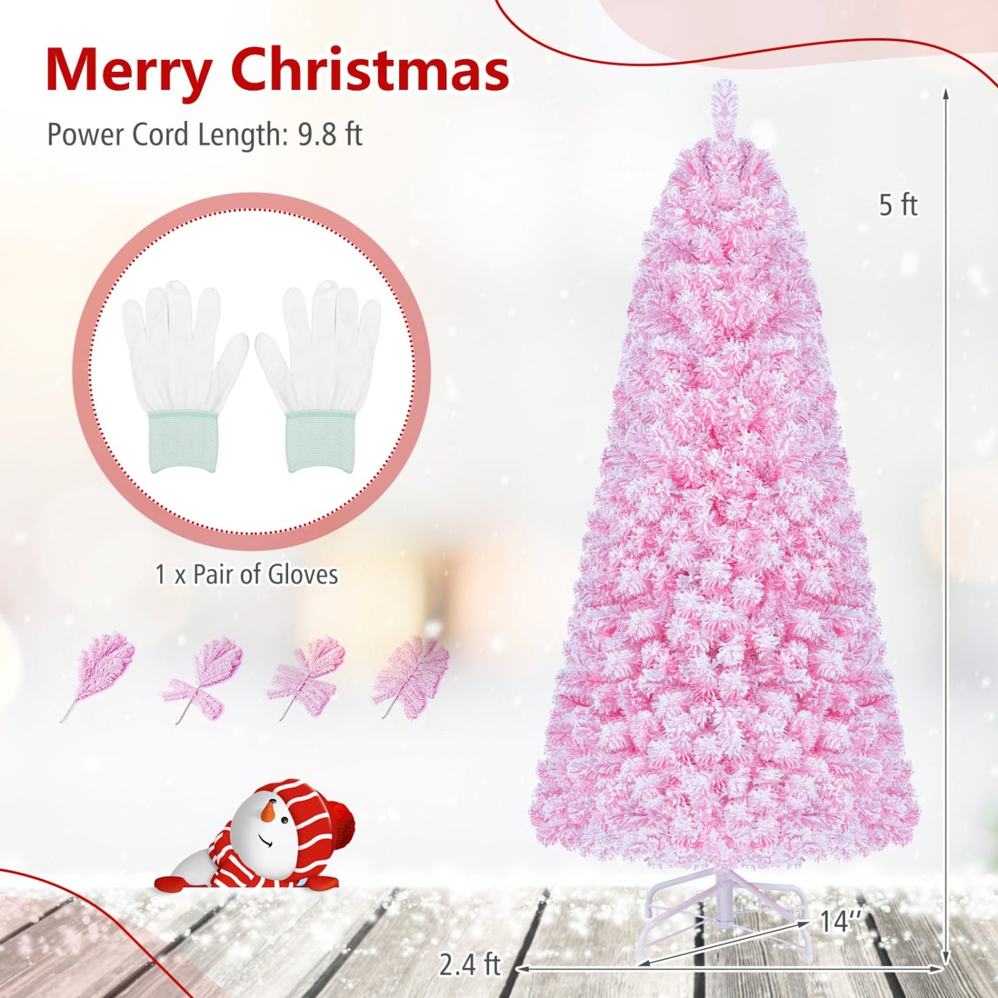Flocked Fir Christmas Tree with Warm White LED Lights, 5ft, Pink