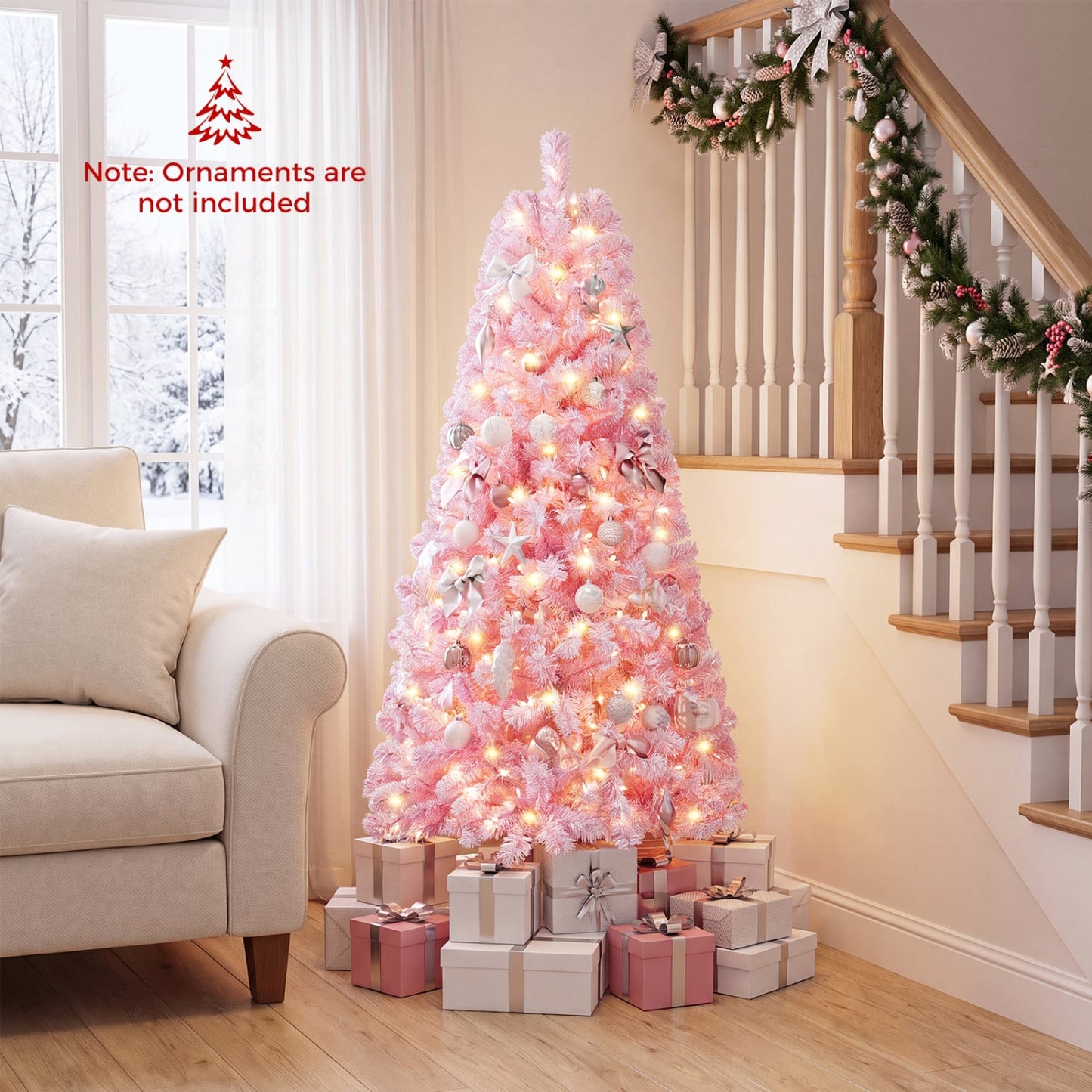 Flocked Fir Christmas Tree with Warm White LED Lights, 5ft, Pink