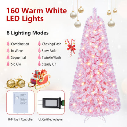 Flocked Fir Christmas Tree with Warm White LED Lights, 5ft, Pink