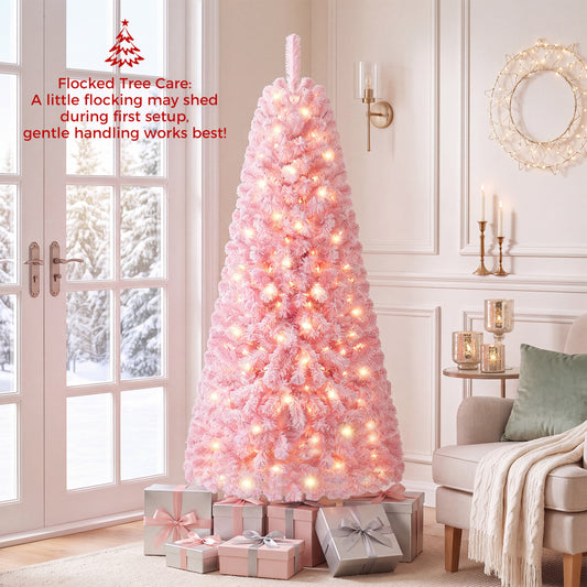 Flocked Fir Christmas Tree with Warm White LED Lights, 6ft, Pink