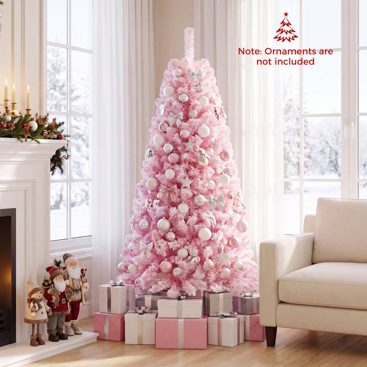 Flocked Fir Christmas Tree with Warm White LED Lights, 6ft, Pink