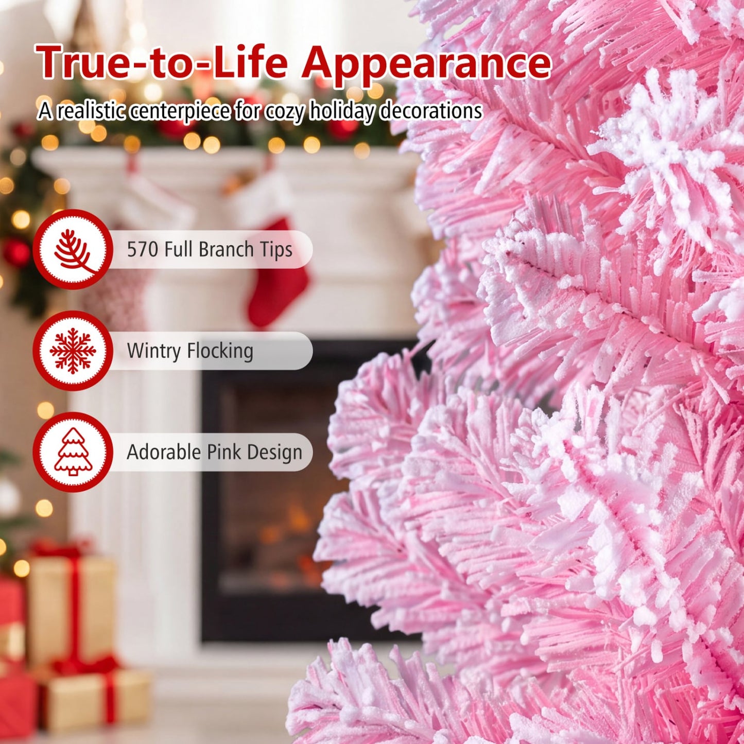 Flocked Fir Christmas Tree with Warm White LED Lights, 6ft, Pink