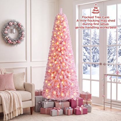 7 ft Flocked Fir Christmas Tree, Warm White LED Lights, Pink